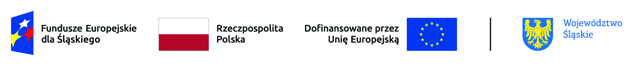 Logotypy dofinansowania. Pasek z logotypami od lewej strony przedstawia: logotyp programu operacyjnego Fundusze Europejskie dla Śląskiego, Flagę Rzeczypospolitej Polskiej, logo Unii Europejskiej oraz herb Województwa Śląskiego