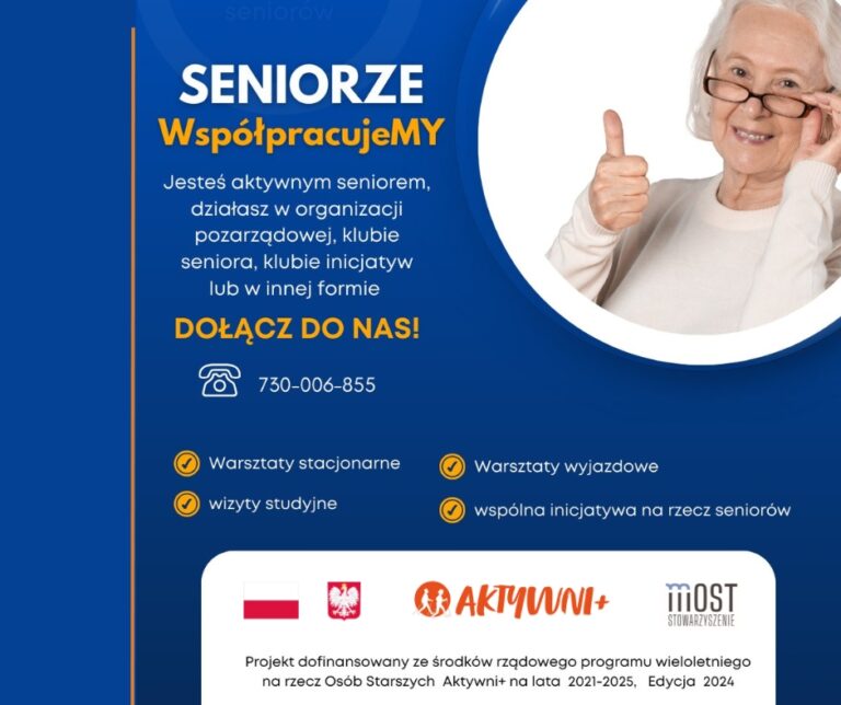 Plakat zapraszający do udziały w projekcie „Seniorze współpracujeMY”.