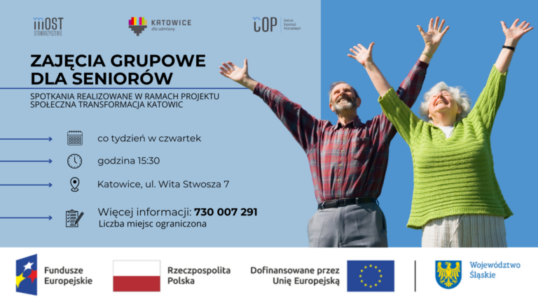 Plakat informacyjny o zajęciach grupowych dla seniorów, ich terminie oraz miejscu.