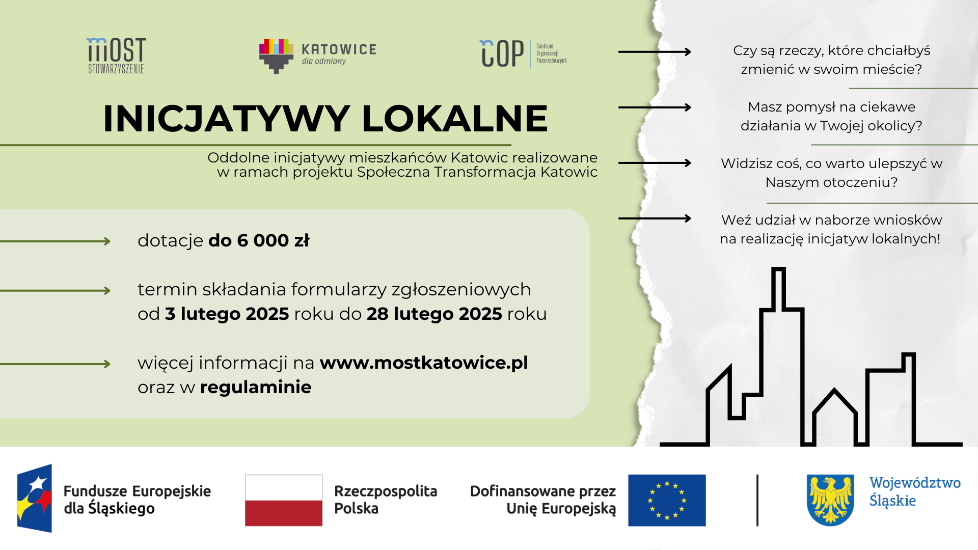 Plakat informacyjny o konkursie na "Oddolne Inicjatywy mieszkańców Katowic".