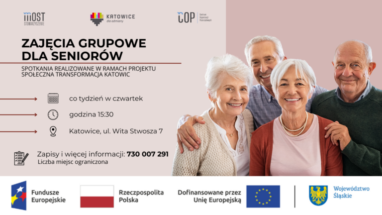 Plakat informacyjny o zajęciach grupowych dla seniorów, ich terminie oraz miejscu.