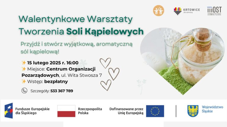 Plakat informacyjny o wydarzeniu pt.: "Walentynkowe warsztaty tworzenia soli kąpielowych", jego terminie oraz miejscu.