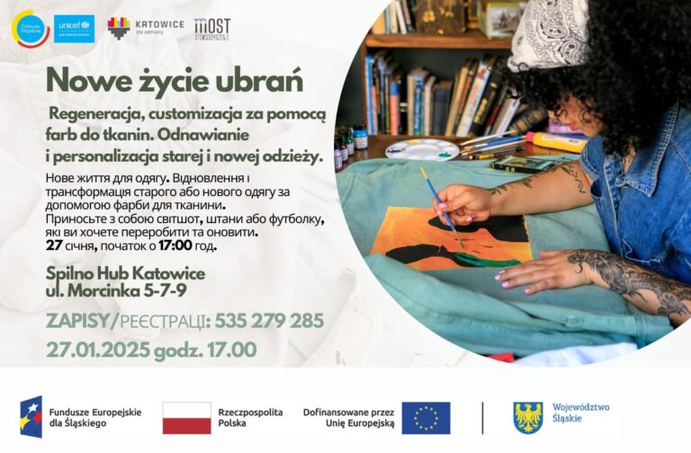 Plakat informacyjny o wydarzeniu pt.: "Nowe życie ubrań", jego terminie oraz miejscu.
