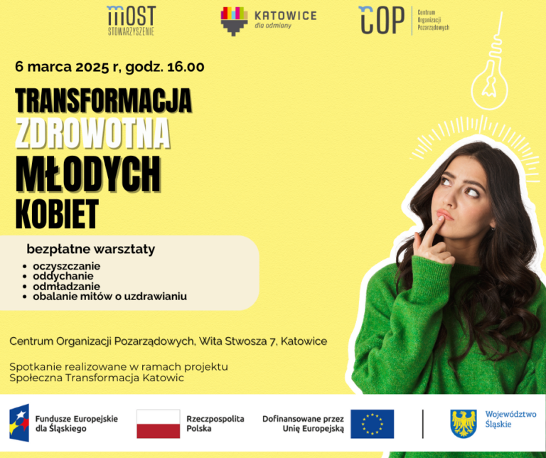 Plakat informacyjny o warsztatach pt.: "Transformacja zdrowotna młodych kobiet", ich terminie oraz miejscu.