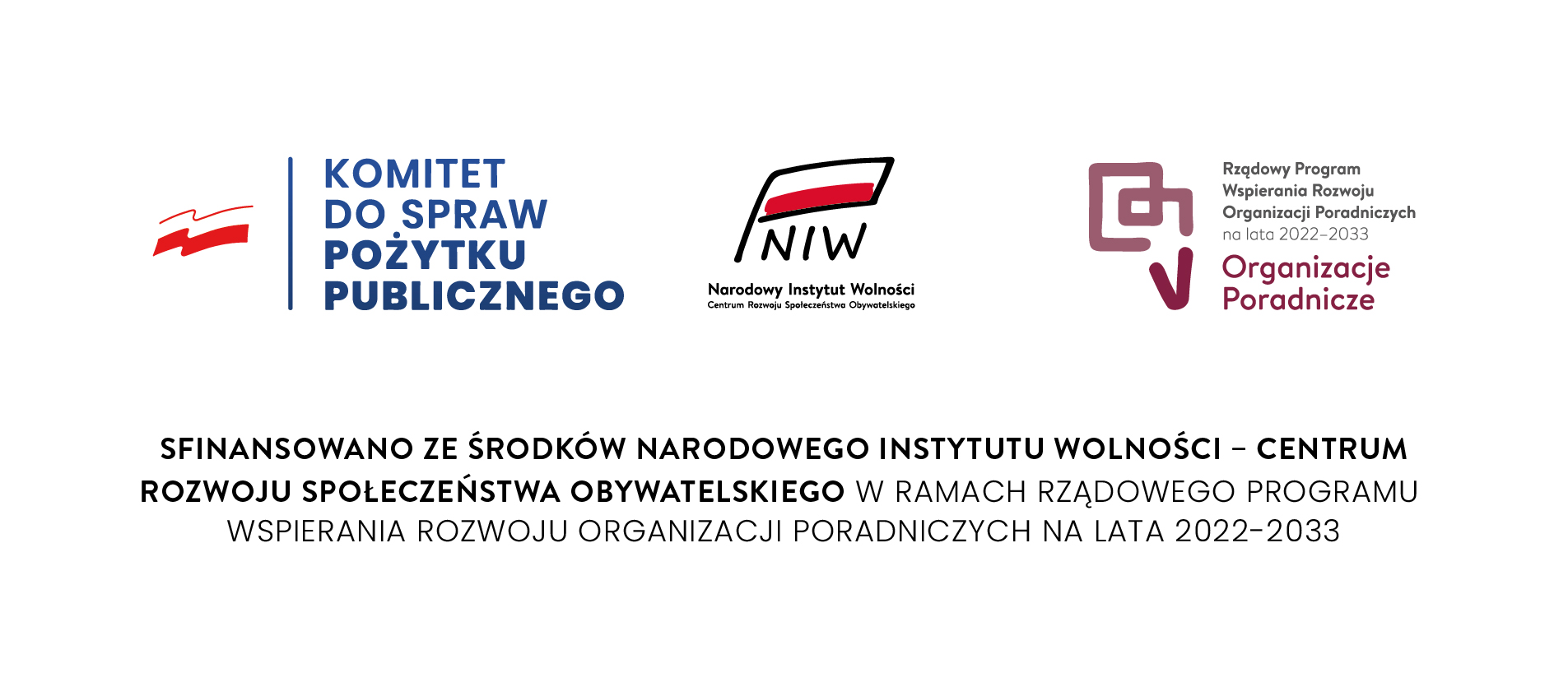 Zestawienie znaków i napis informacyjny: "Sfinansowano ze środków Narodowego Instytutu Wolności – Centrum Rozwoju Społeczeństwa Obywatelskiego w ramach Rządowego Programu Wspierania Rozwoju Organizacji Poradniczych na lata 2022 - 2033."