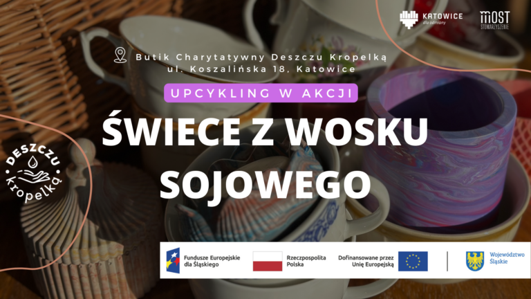 Plakat informacyjny na warsztaty Tworzenia Świec z Wosku Sojowego ,,Upcykling w Akcji".