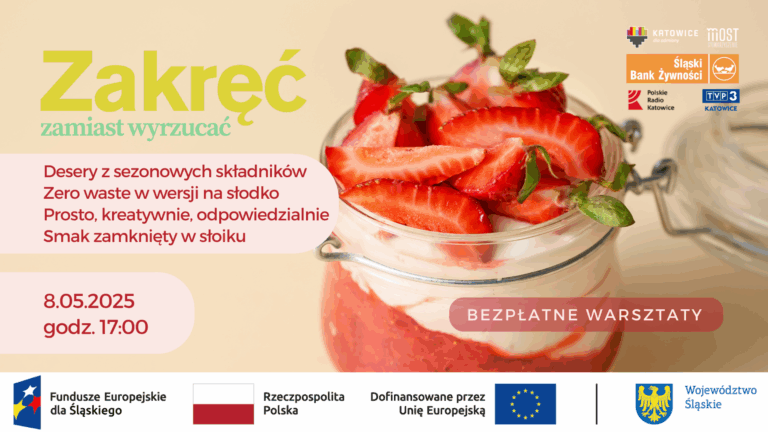 Plakat informacyjny o Warsztatach kulinarnych: Desery zero waste – kreatywnie i odpowiedzialnie, ich terminie oraz miejscu.