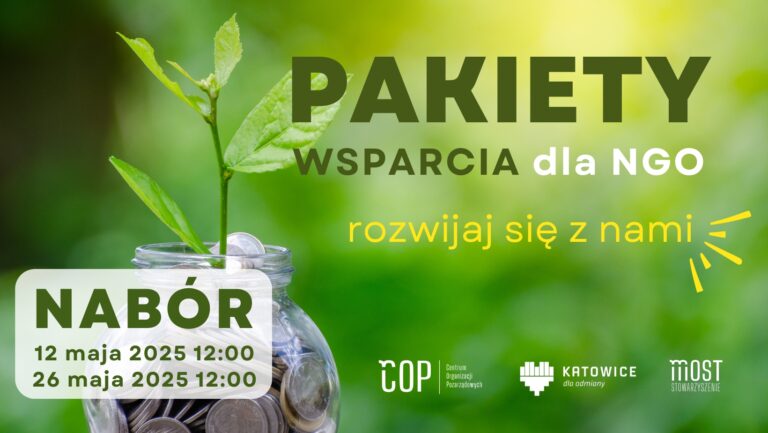 Plakat informacyjny o konkursie na pakiety wsparcia dla NGO z terminem składania wniosków.
