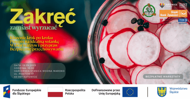 Plakat informacyjny o warsztatach pt. "Zakręć, zamiast wyrzucać!" ich terminie oraz miejscu.