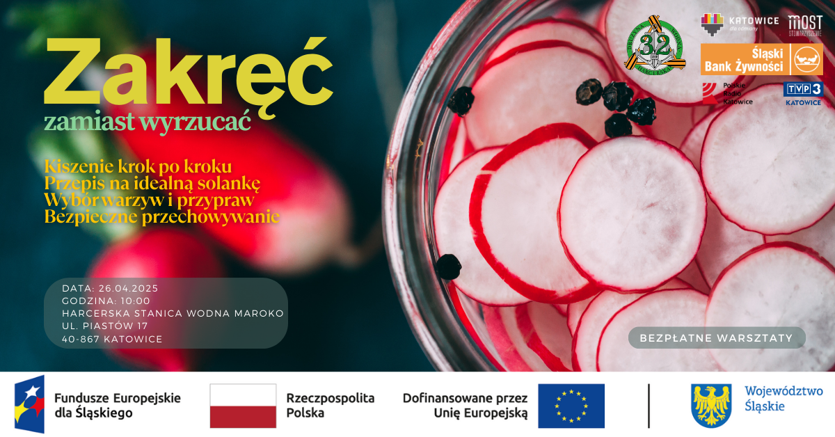Plakat informacyjny o warsztatach pt. "Zakręć, zamiast wyrzucać!" ich terminie oraz miejscu.