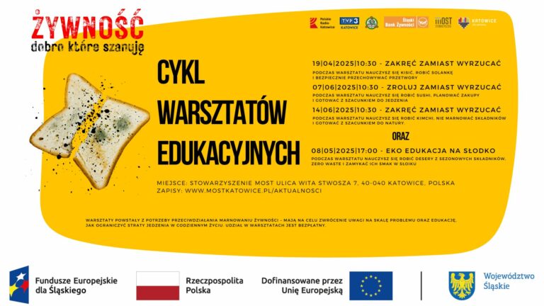 Plakat informacyjny o cyklu warsztatów edukacyjnych pt. "Żywność - dobro, które szanuję" ich terminie oraz miejscu.
