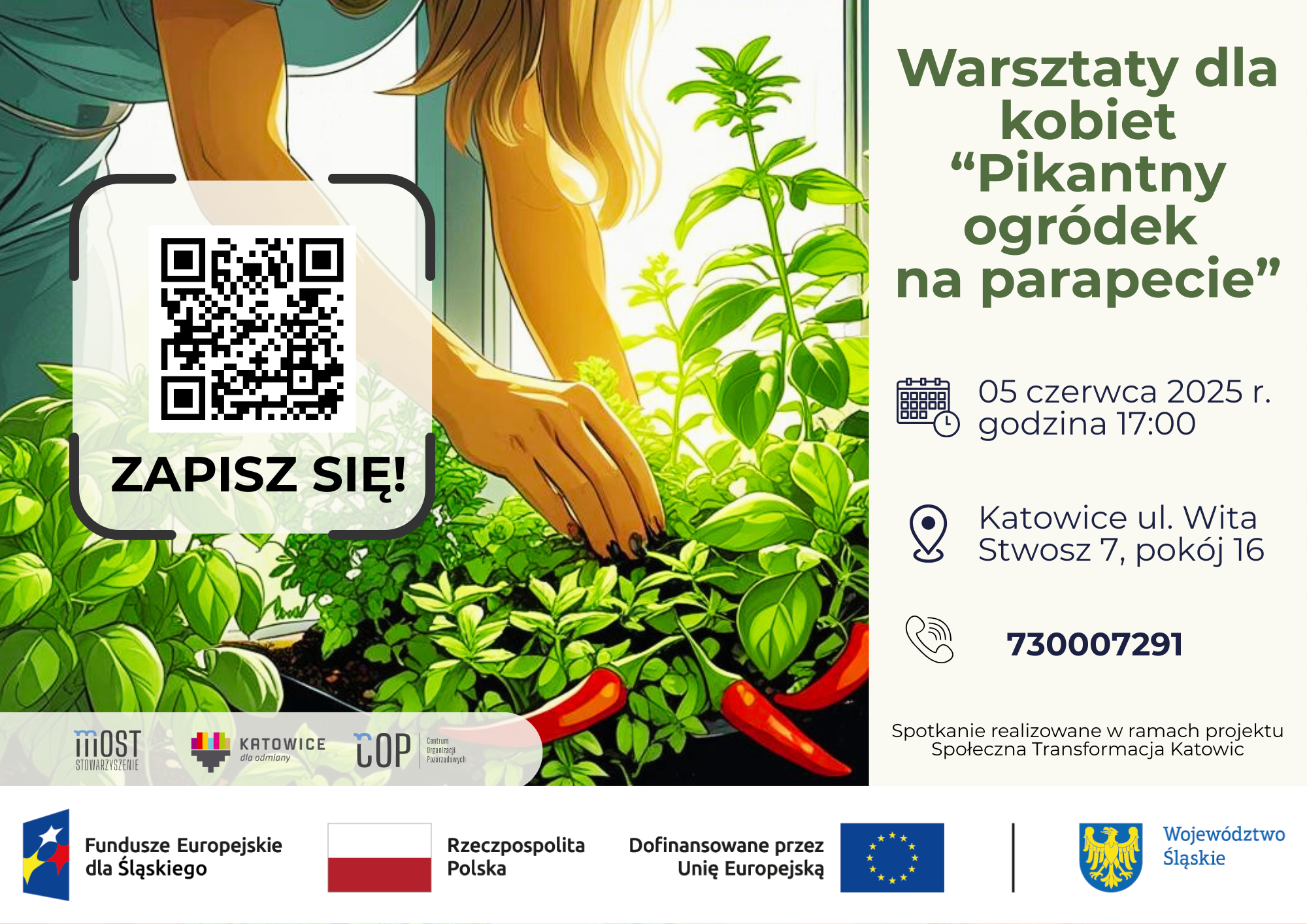 Plakat informacyjny o wydarzeniu pt.: "Pikantny ogródek na parapecie", jego terminie oraz miejscu.