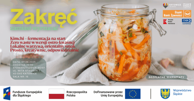 Plakat informacyjny o warsztatach pt. "Zakręć, zamiast wyrzucać! - druga edycja" ich terminie oraz miejscu.