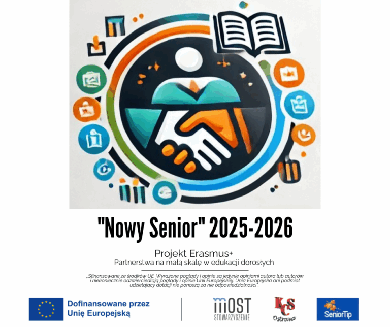 Logo projektu "Nowy Senior" 2025-2026 Erasmus+ Partnerstwa na małą skalę w edukacji dorosłych.