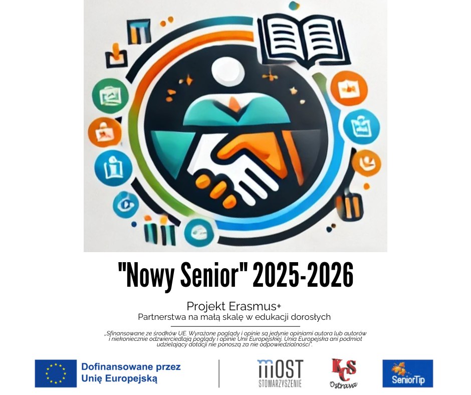 Logo projektu "Nowy Senior" 2025-2026 Erasmus+ Partnerstwa na małą skalę w edukacji dorosłych.