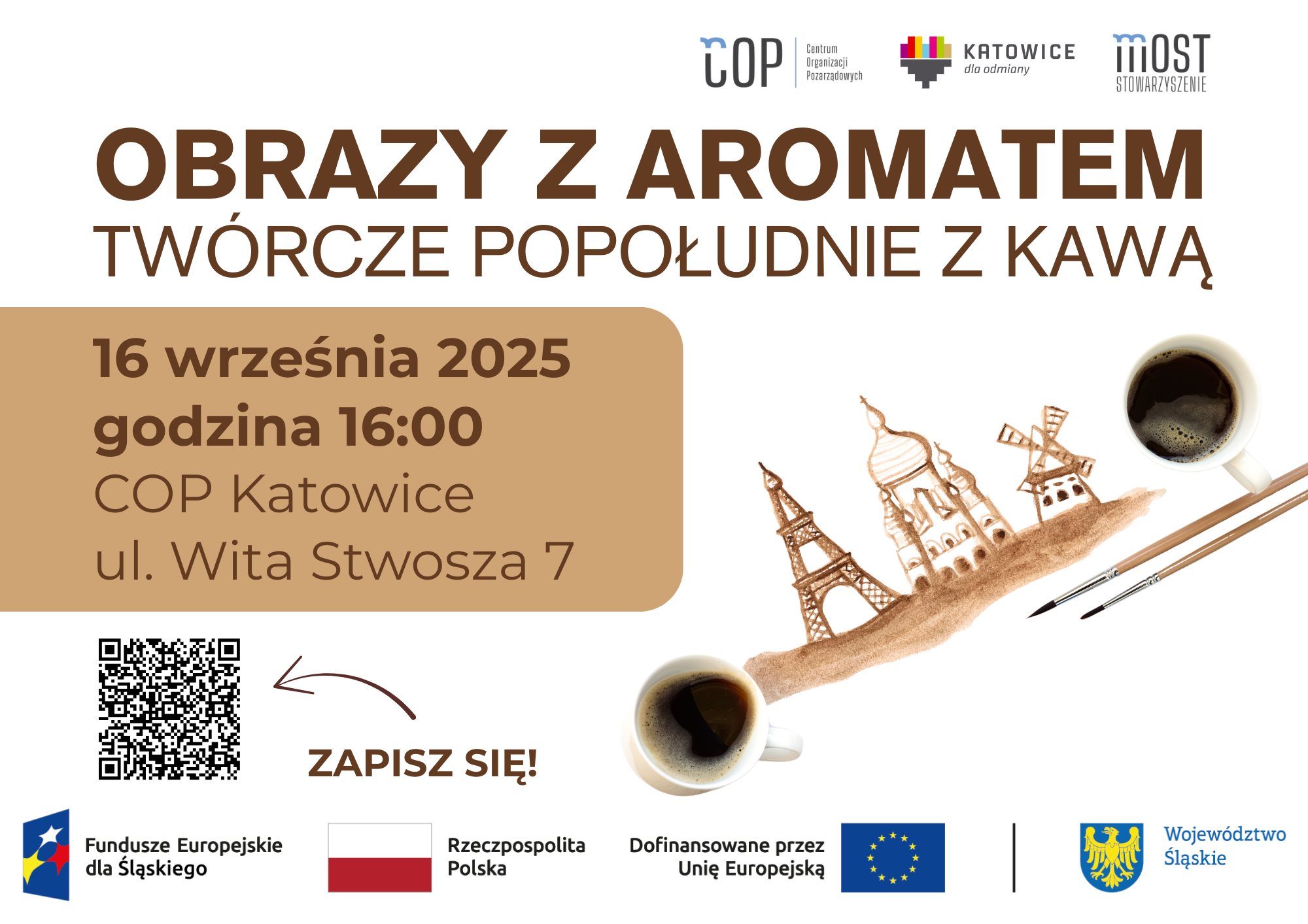 Plakat informujący o warsztatach "Obrazy z aromatem - twórcze popołudnie z kawą" ich terminie oraz miejscu