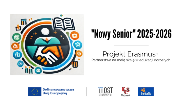 Plakat informacyjny projektu "Nowy Senior" - edukacja dorosłych, Erasmus+