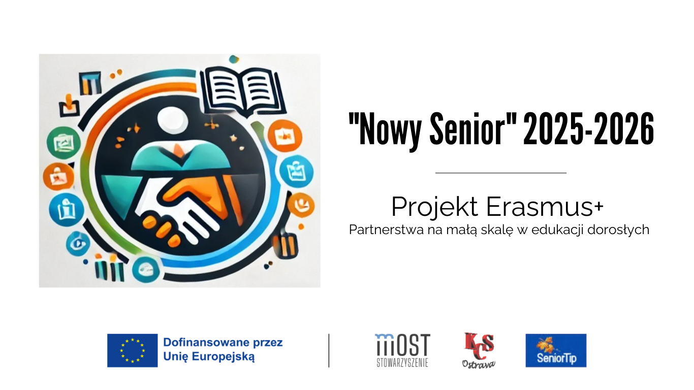 Plakat informacyjny projektu "Nowy Senior" - edukacja dorosłych, Erasmus+