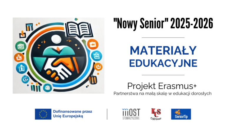 Plakat informacyjny o materiałach edukacyjnych w ramach projektu "Nowy Senior 2025-2026" Erasmus+ Partnerstwa na małą skalę w edukacji dorosłych