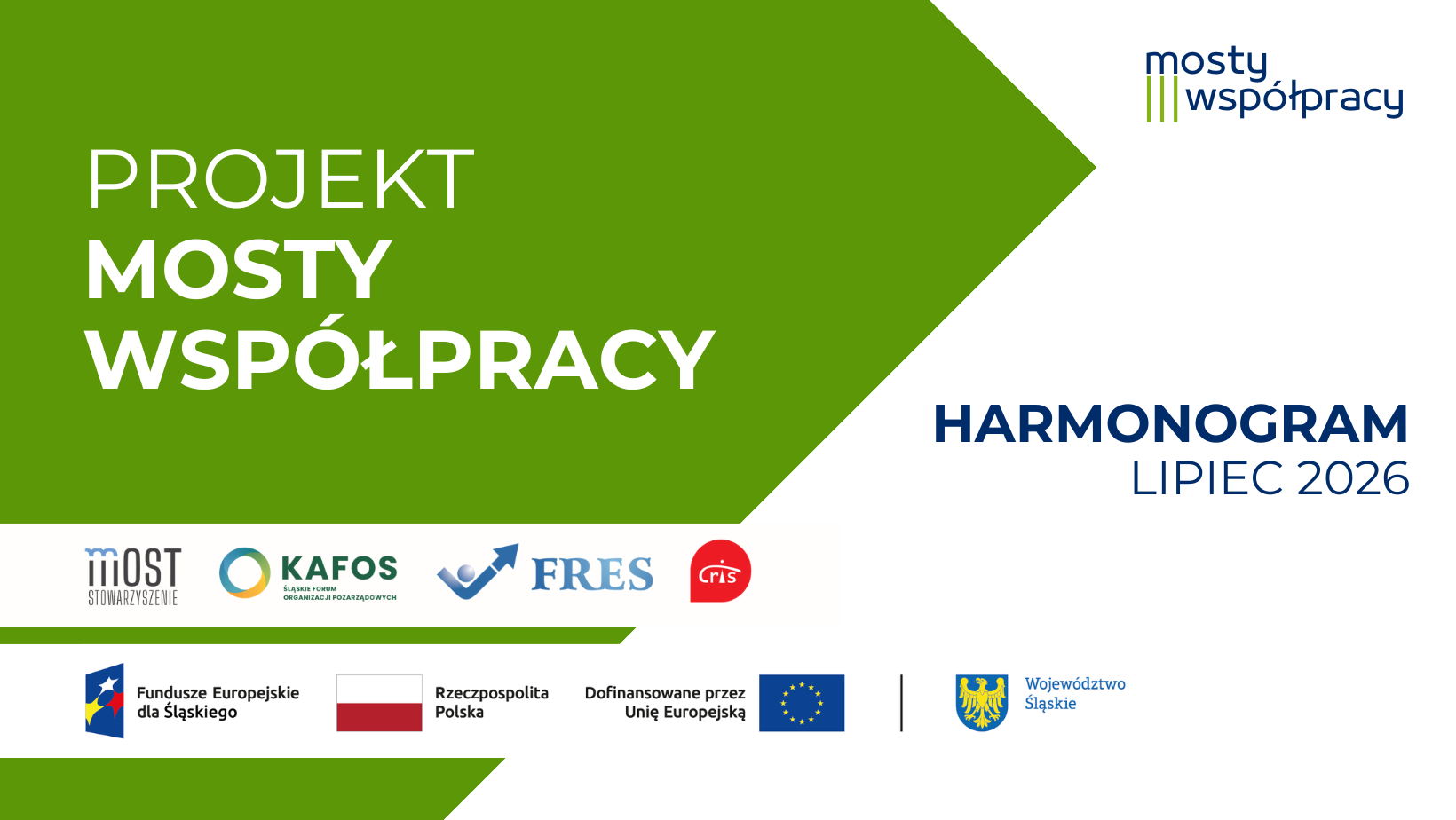 Plakat projektu "Mosty współpracy" - harmonogram na miesiąc lipiec 2026