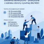 Plakat dotyczący projektu „ODPORNE KATOWICE – realizacja szkoleń w ramach edukacji ludności z zakresu obrony cywilnej” wraz z terminami kolejnych szkoleń.