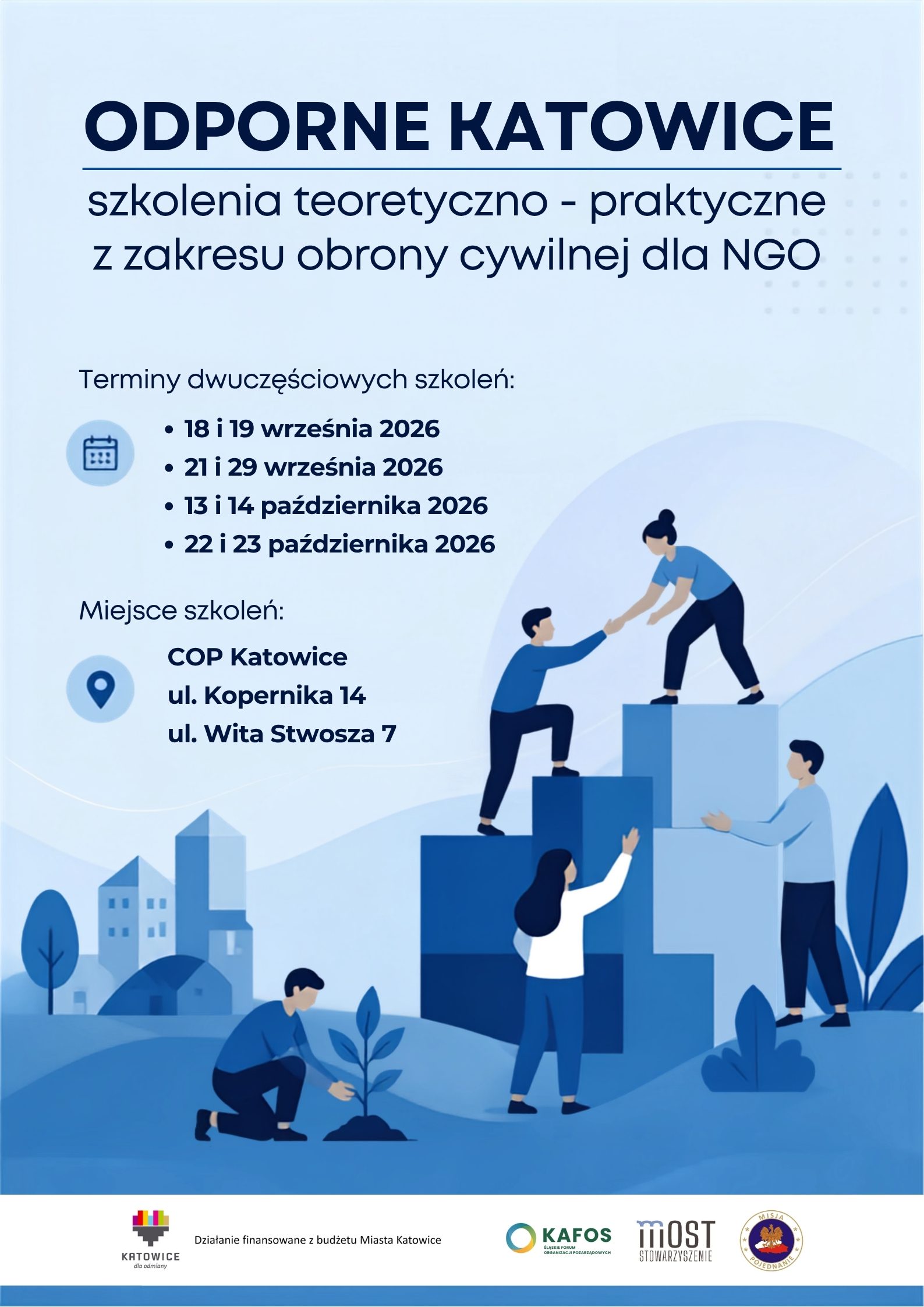 Plakat dotyczący projektu „ODPORNE KATOWICE – realizacja szkoleń w ramach edukacji ludności z zakresu obrony cywilnej” wraz z terminami kolejnych szkoleń.