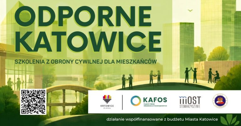 Плакат, присвячений проєкту „СТІЙКІ КАТОВИЦІ — тренінги з питань цивільної оборони для мешканців Катовіць”.