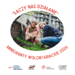 Zdjęcie wolontariuszy w działaniu: dwie kobiety wspólnie sadzące kwiaty w kolorowych ubraniach, na zdjęciu również narzędzia ogrodowe i sadzonki roślin. Nad zdjęciem tekst "Łączy nas działanie", pod zdjęciem tekst "Minigranty wolontariackie 2026". Na dole obrazka zestawienie logotypów: Komitet ds. pożytku publicznego, Narodowy Instytut Wolności, Program Korpus Solidarności i Stowarzyszenie Most.